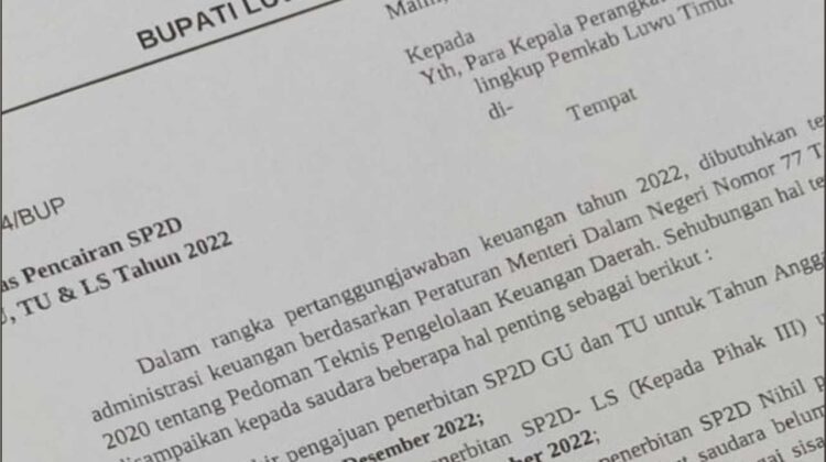 Bupati Lutim Keluarkan Edaran Terkait Batas Pencairan SP2D Tahun 2022